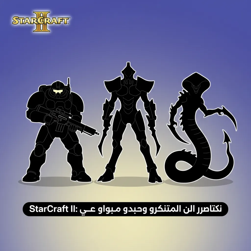 صورة توضيحية لـ StarCraft II تعرض Terran وZerg وProtoss، مع تلميحات ماكرو/ميكرو ورهانات على الخرائط وبطولات مثل IEM وGSL.